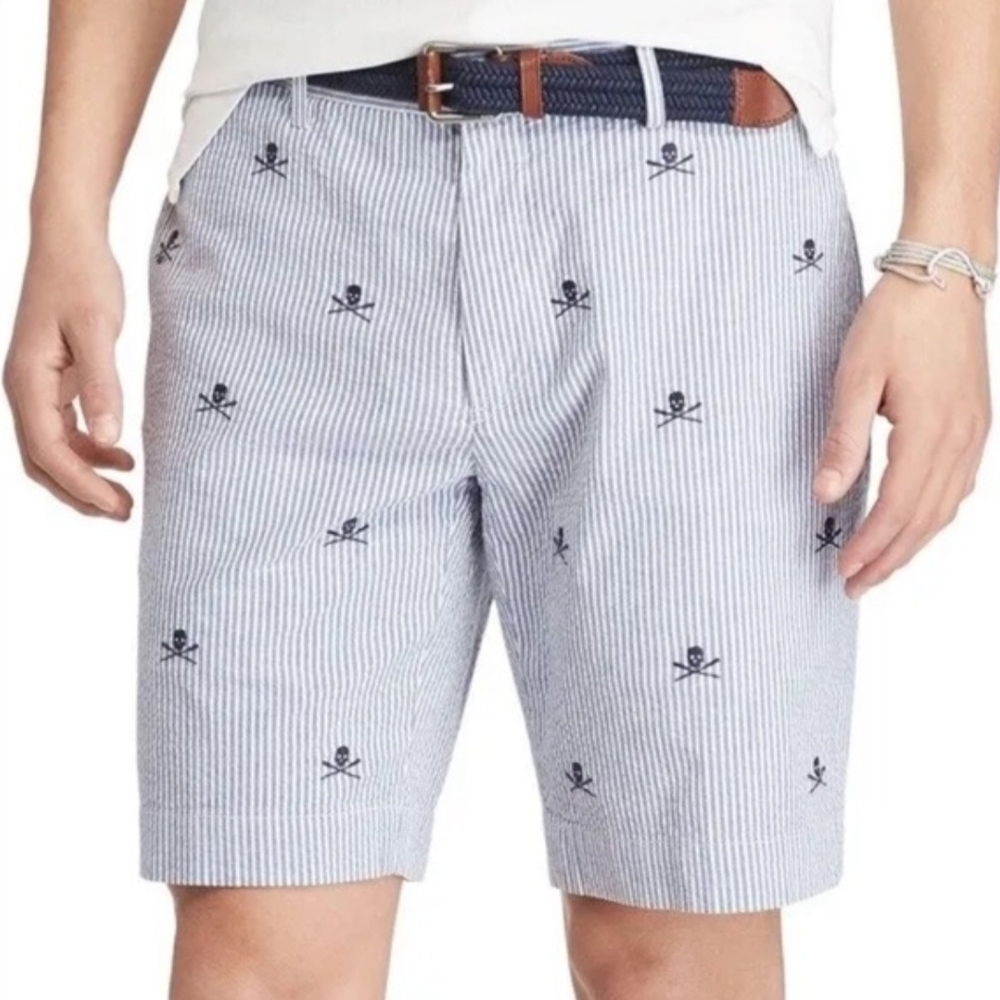 Polo by Ralph Lauren Seersucker Skull/Crossbones Navy Stripe Short, Sz 35